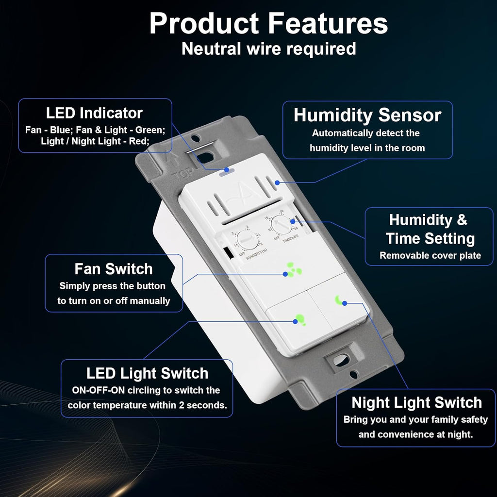 Akicon Bathroom Exhaust Fan with Light, 80CFM 2.0 Sones Powerful Bathroom Fan and Humidity Sensor Switch Combo, 3CCT LED Light and Nightlight Ventilation Fan for Home, Square, Black