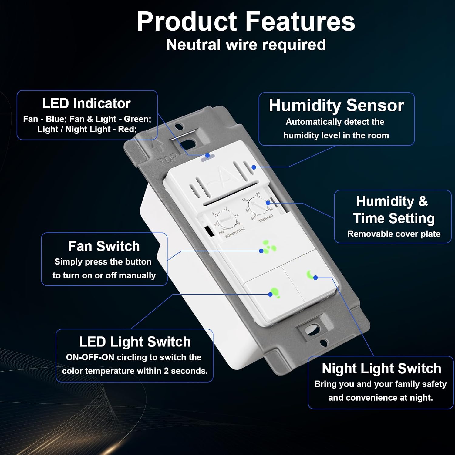 Akicon Bathroom Exhaust Fan with Light, 80CFM 2.0 Sones Powerful Bathroom Fan and Humidity Sensor Switch Combo, 3CCT LED Light and Nightlight Ventilation Fan for Home, Square, Black