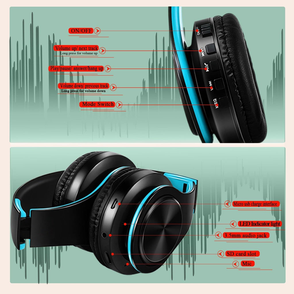Bluetooth Headphones, Chat- Comfortable Over Ear Stereo Headphsets with Mic, Soft Earmuffs/Foldable/SD/TF, 20H Playtime, Great for Music/OFC/Tour/Gym/Game (20pcs Blue Colors)
