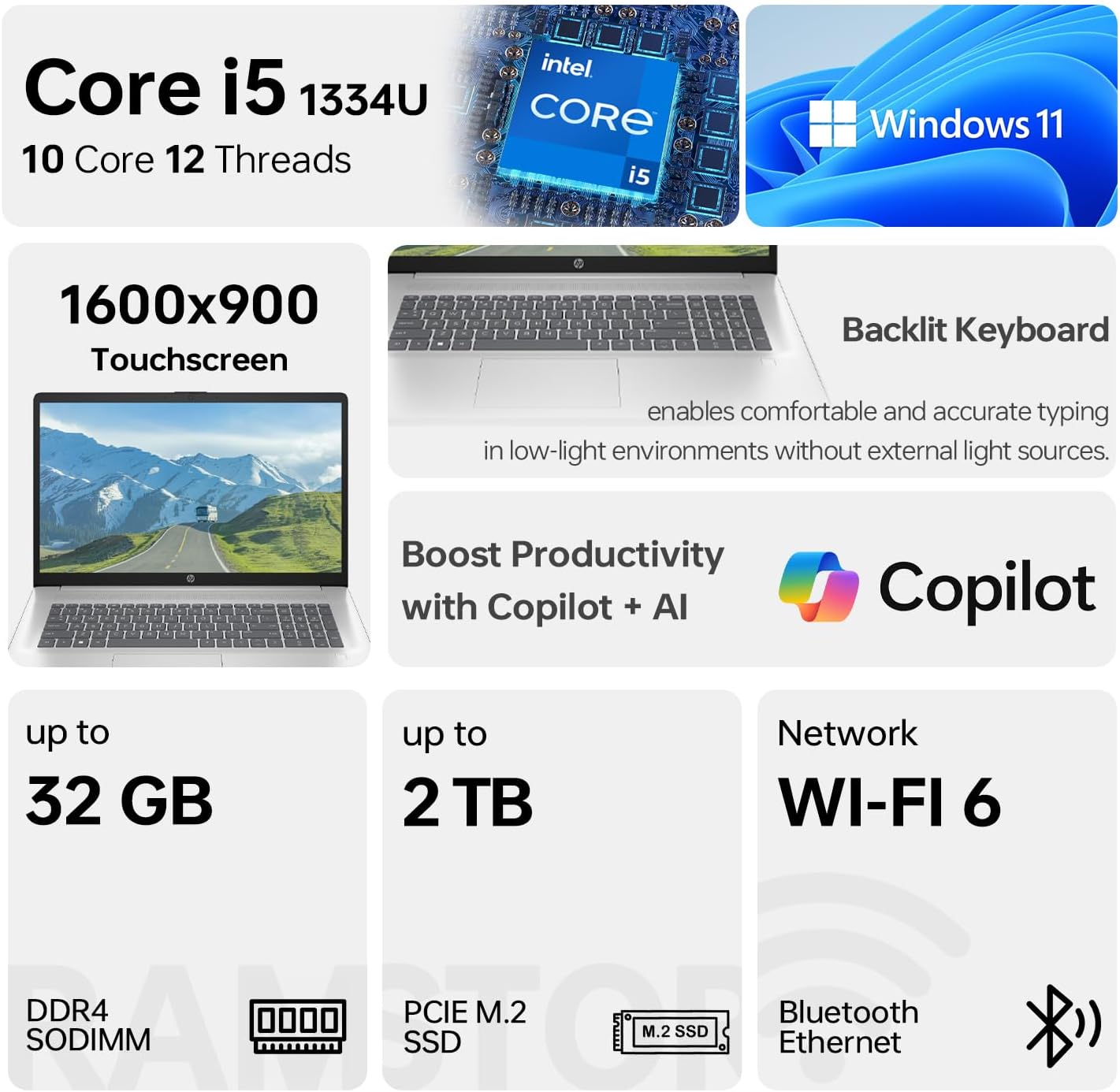 HP Essential 17 Laptop AI PC, 17.3' Touchscreen, Intel Core i5-1334U (10 Cores, up to 4.6GHz Max Turbo), 16GB RAM, 1TB SSD, Backlit Keyboard, Fingerprint Reader, Wi-Fi 6, Windows 11 Home, Silver