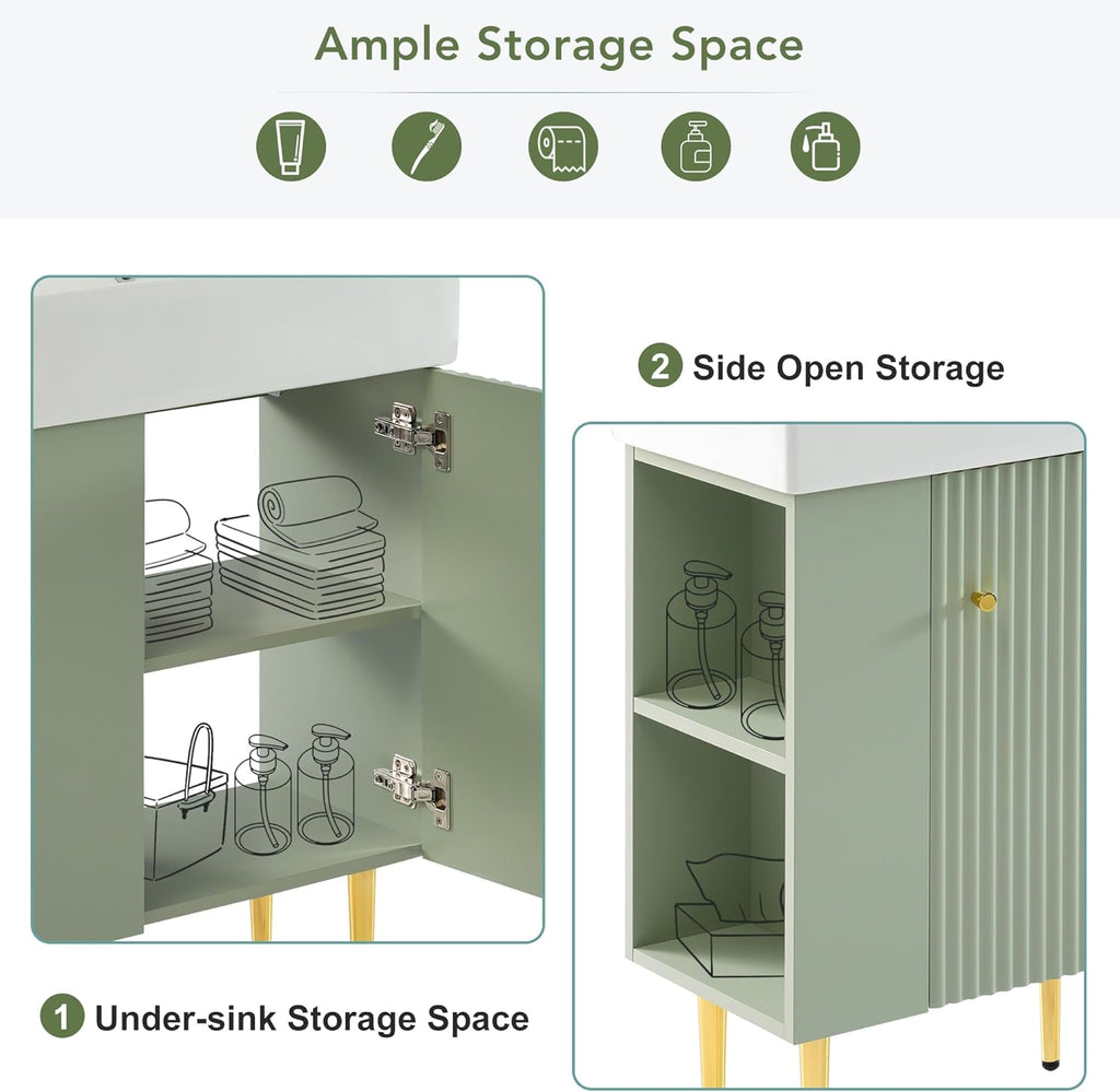 21.6-Inch Bathroom Vanity with Sink, Free Standing Vanity Cabinet with Storage Cabinet & Left Two-Tier Shelf, Solid Wood Bath Vanity Organizer with Ceramic Sink for Bathroom, Green