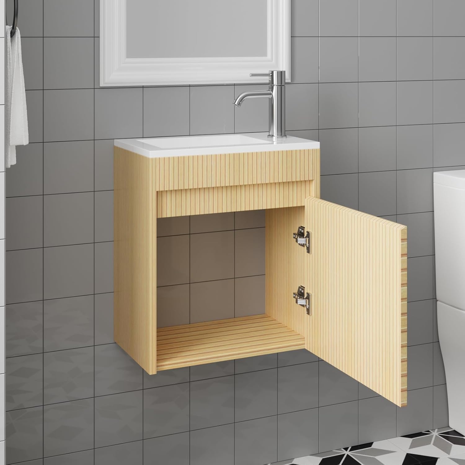 wonline 16' Small Floating Bathroom Vanity Sink Combo, Wall Mounted Narrow Single Cabinet with Resin Basin Sink Top, Water Saving Chrome Faucet & Pop-Up Drain