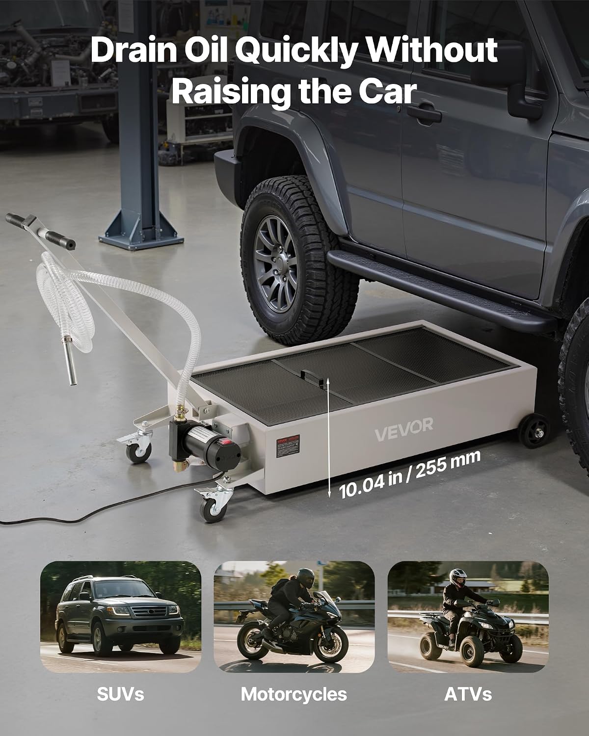 VEVOR Low Profile Electric Oil Drain Pan, 20 Gal Capacity, Rolling Oil Drain Pan with 110V High-Flow Pump, 7.2 ft Hose & T Folding Handle, Leak-proof & Corrosion-resistant, Fit for Trucks, ATVs, White
