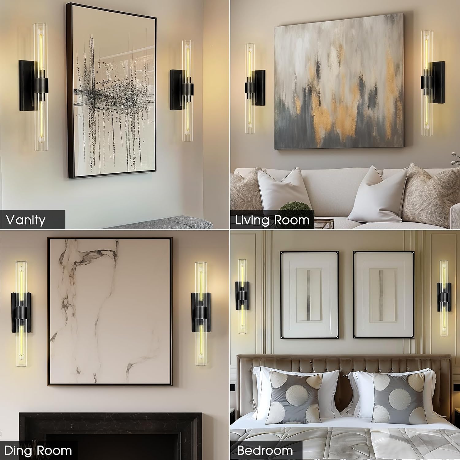 Bathroom Black Vanity Wall Sconces, 2-Light Glass Tube Wall Sconces, 24' Sconces Wall Lighting, Horizontal or Vertical Linear Vanity Light,Bathroom Vanity Light,E26 Bulb Included