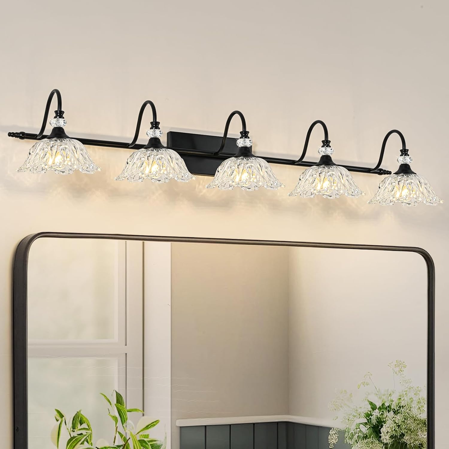Black Bathroom Vanity Light, 5-Light Vanity Light with Crystal Glass Shades, Vintage Farmhouse Vanity Lighting for Bathroom and Dressing Table