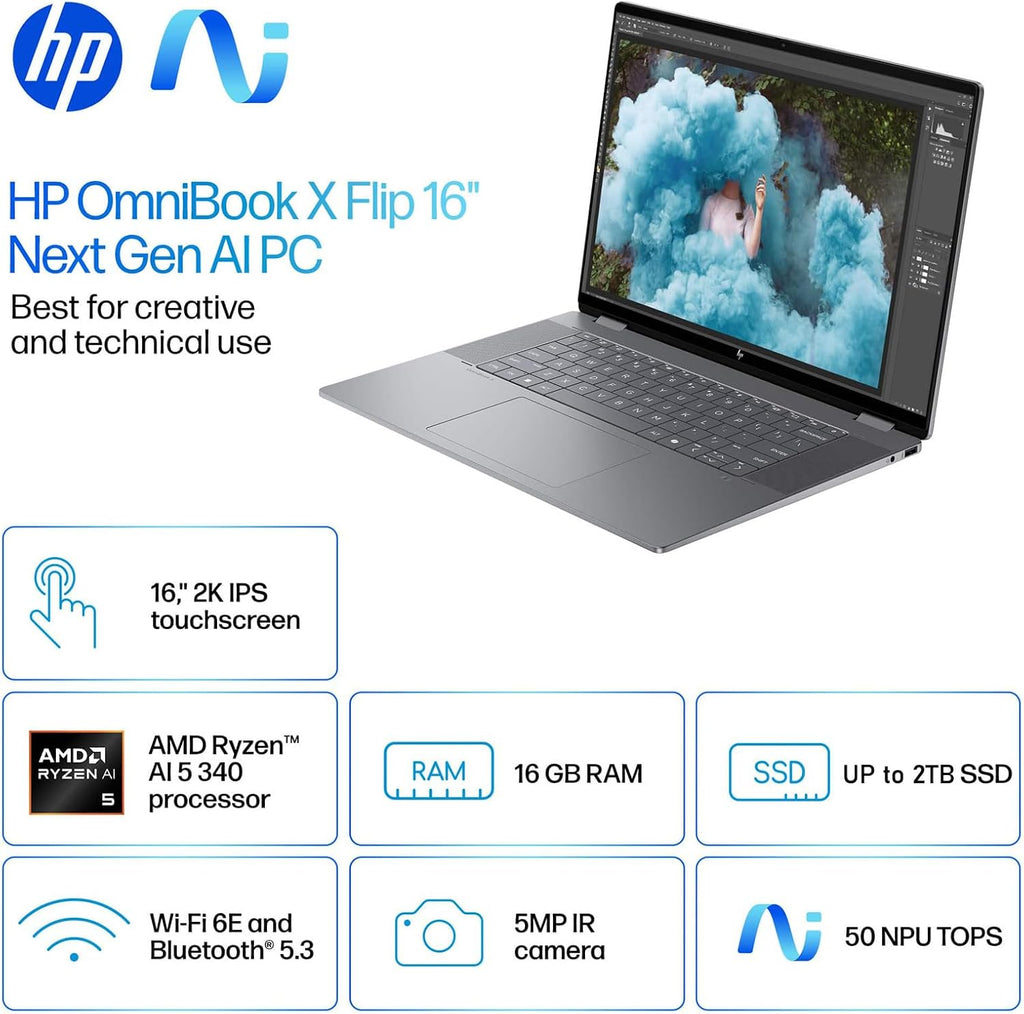 HP 2025 New Envy x360 2-in-1 Laptop, OmniBook X Flip 16' Touchscreen 2K IPS Display, AMD Ryzen AI 5 340, 16GB LPDDR5X RAM, 1TB Gen 4 SSD, Copilot AI, WiFi 6E, w/Mytrix Accessory, Win 11 Pro