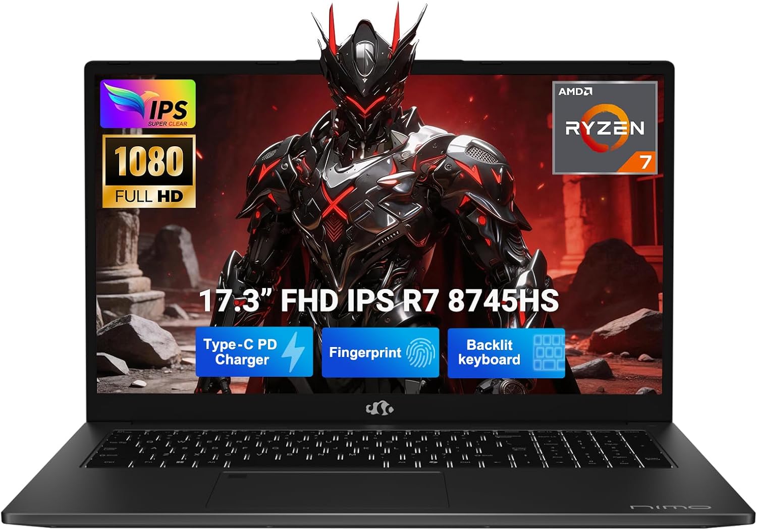 NIMO 17.3' IPS FHD-Gaming-Laptop, AMD Ryzen 7 8745HS 16GB DDR5 RAM 256GB SSD (8C/16T, up to 4.9GHz) Radeon 780M Graphics Business Laptop 100W Type-C Backlit Keyboard, Fingerprint USB-C 4.0