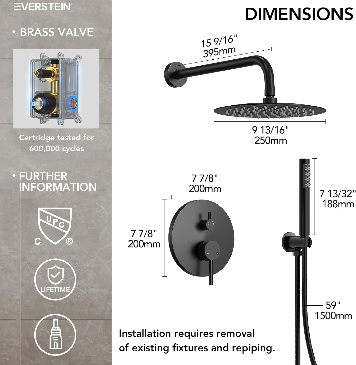 10' High-Pressure Rainfall Shower System with Handheld Spray, Wall Mount Bathroom Shower Faucet Set (Matte Black)