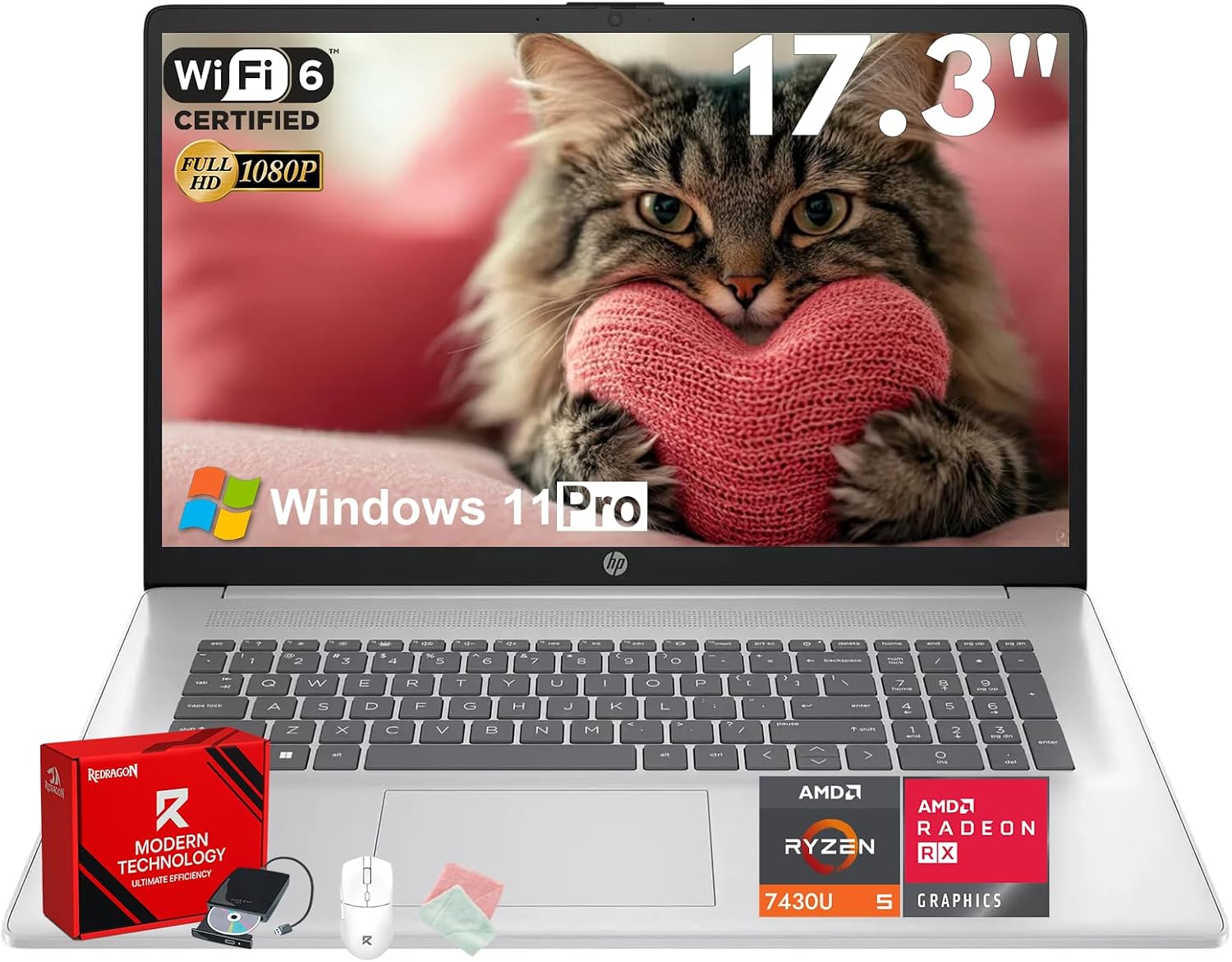 HP 17-inch Laptop Computer for Business & Student - AMD Ryzen 5 7430U(Up to 4.3GHz), 32GB RAM, 1TB SSD, 17.3' FHD IPS Anti-Glare Display, Wi-Fi 6, BT 5.4, Win 11 Pro, w/Redragon Accessories