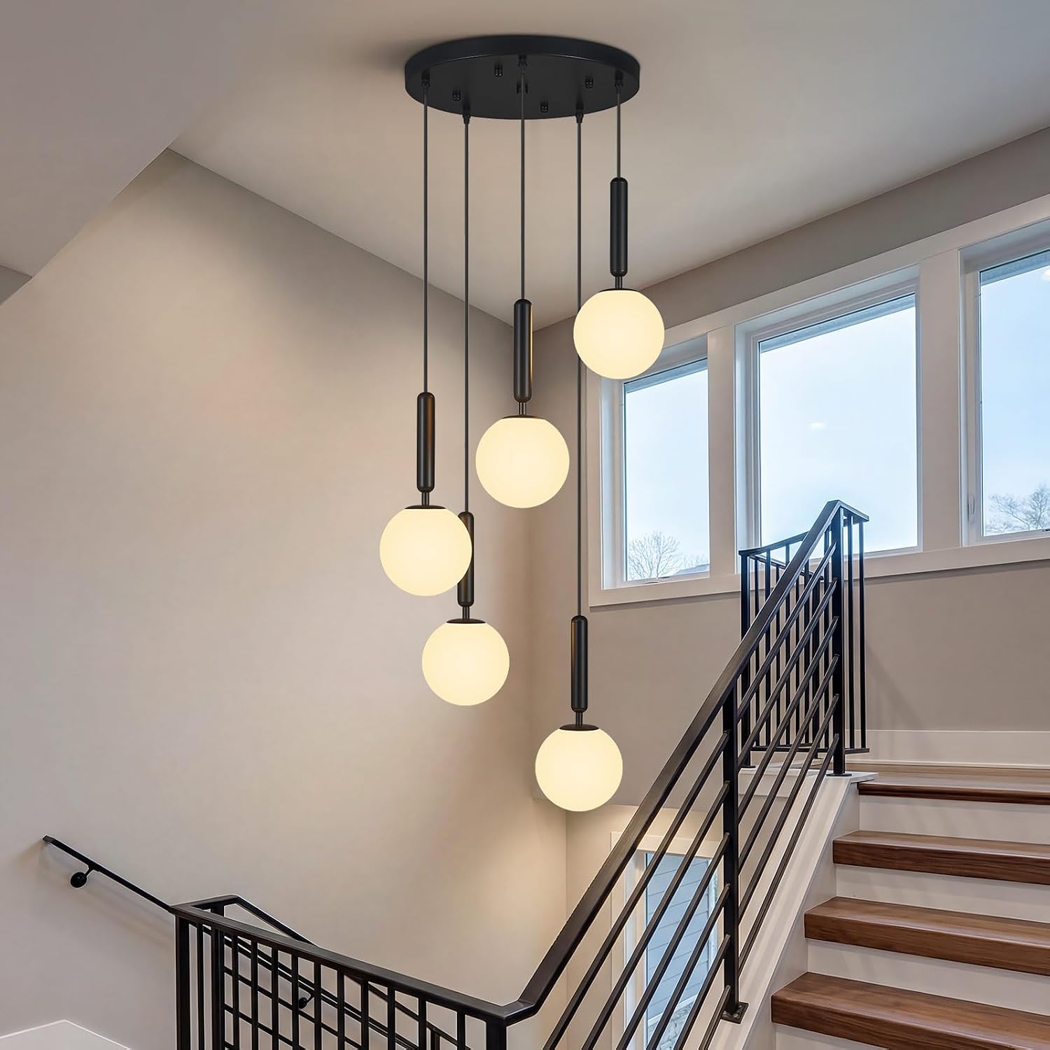 Modern Black Pendant Light Hanging Fixture Light for Kitchen Island Mid Century with Globe Pendant Light Milk White Glass Pendant Lighting for Living Room Bedroom Entryway (5 Lights)