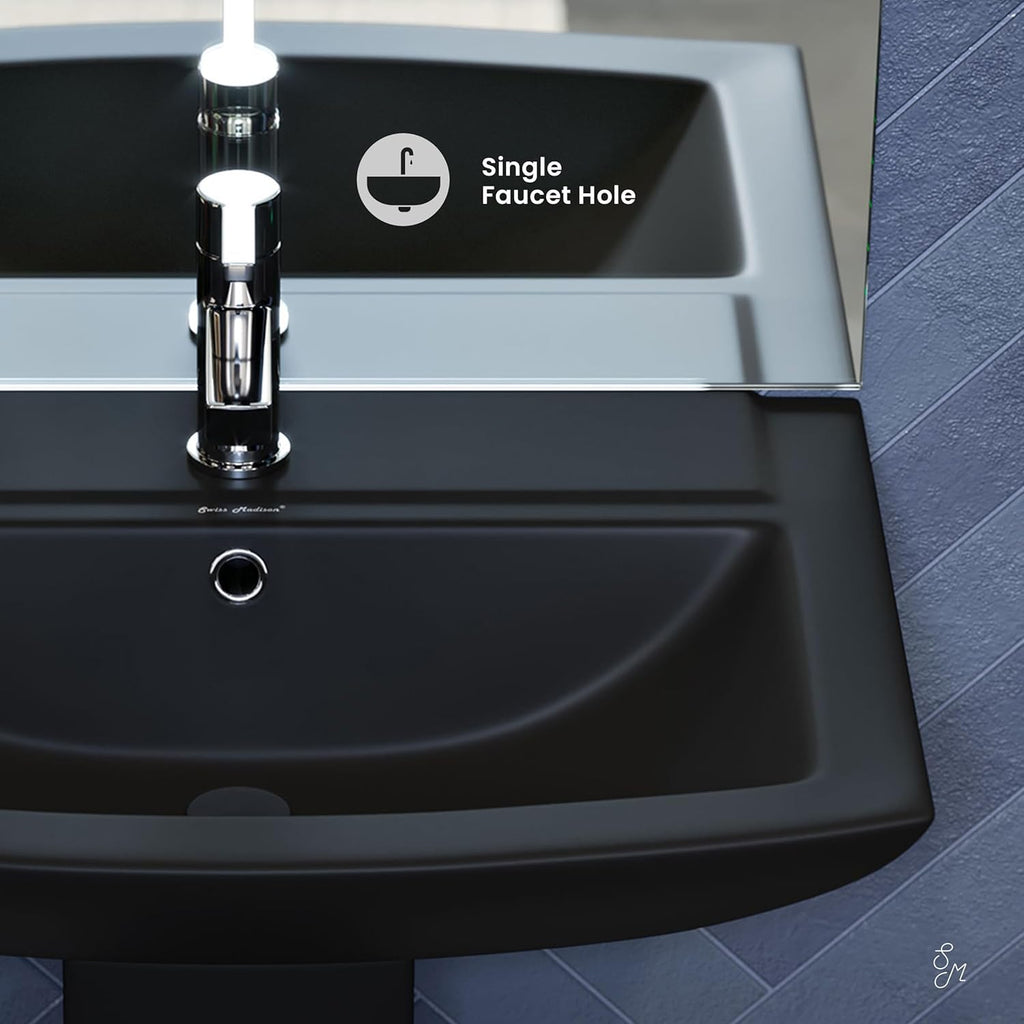 Sublime Square Two-Piece Ceramic Pedestal Bathroom Sink in Matte Black with Overflow, Single Faucet Hole, Standard 1.75 in Drain