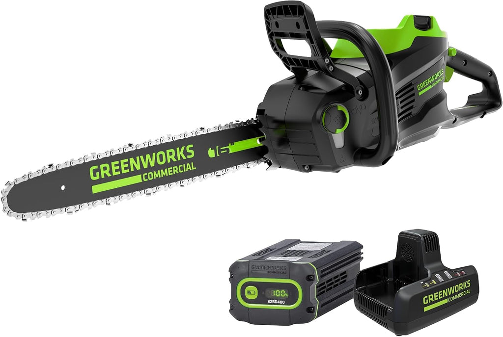 Greenworks 82V 16' Brushless (2.4 kW) Cordless Chainsaw (225 Cuts Per Charge), 4.0Ah Battery and Dual Port Rapid Charger (Great For Landscapers and Professionals