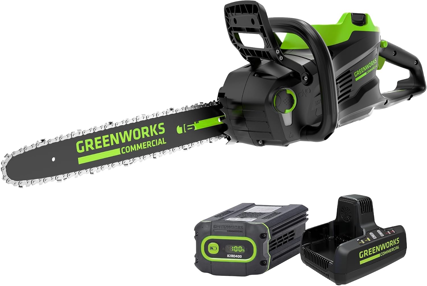 Greenworks 82V 16' Brushless (2.4 kW) Cordless Chainsaw (225 Cuts Per Charge), 4.0Ah Battery and Dual Port Rapid Charger (Great For Landscapers and Professionals