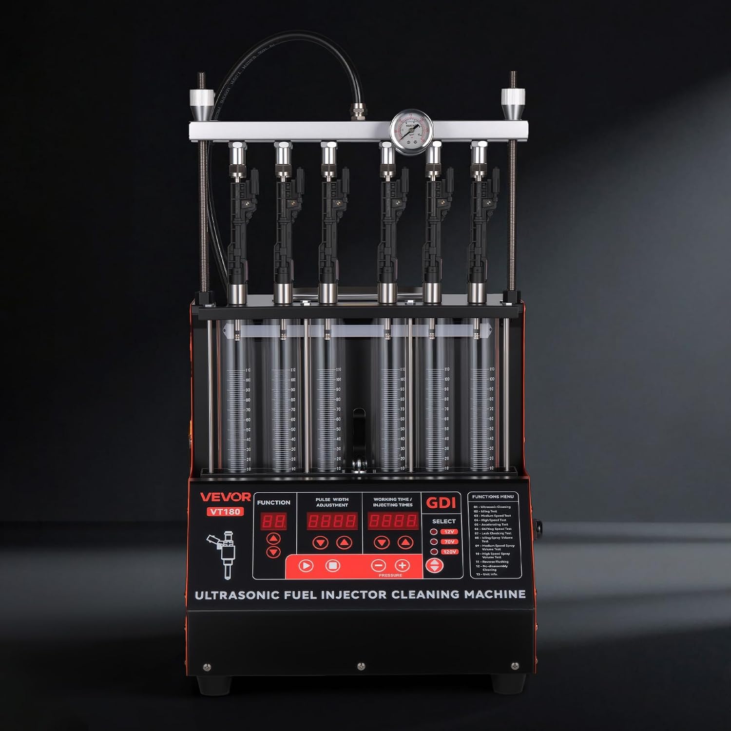 VEVOR Fuel Injector Cleaner Tester, 9 Test Modes, 6-Cylinder 28kHz Ultrasonic Cleaning Machine Adjustable 12V/70V/120V for EFI/FSI/GDI, Injector Cleaner Machine with Drain Valve for Car & Motorcycle