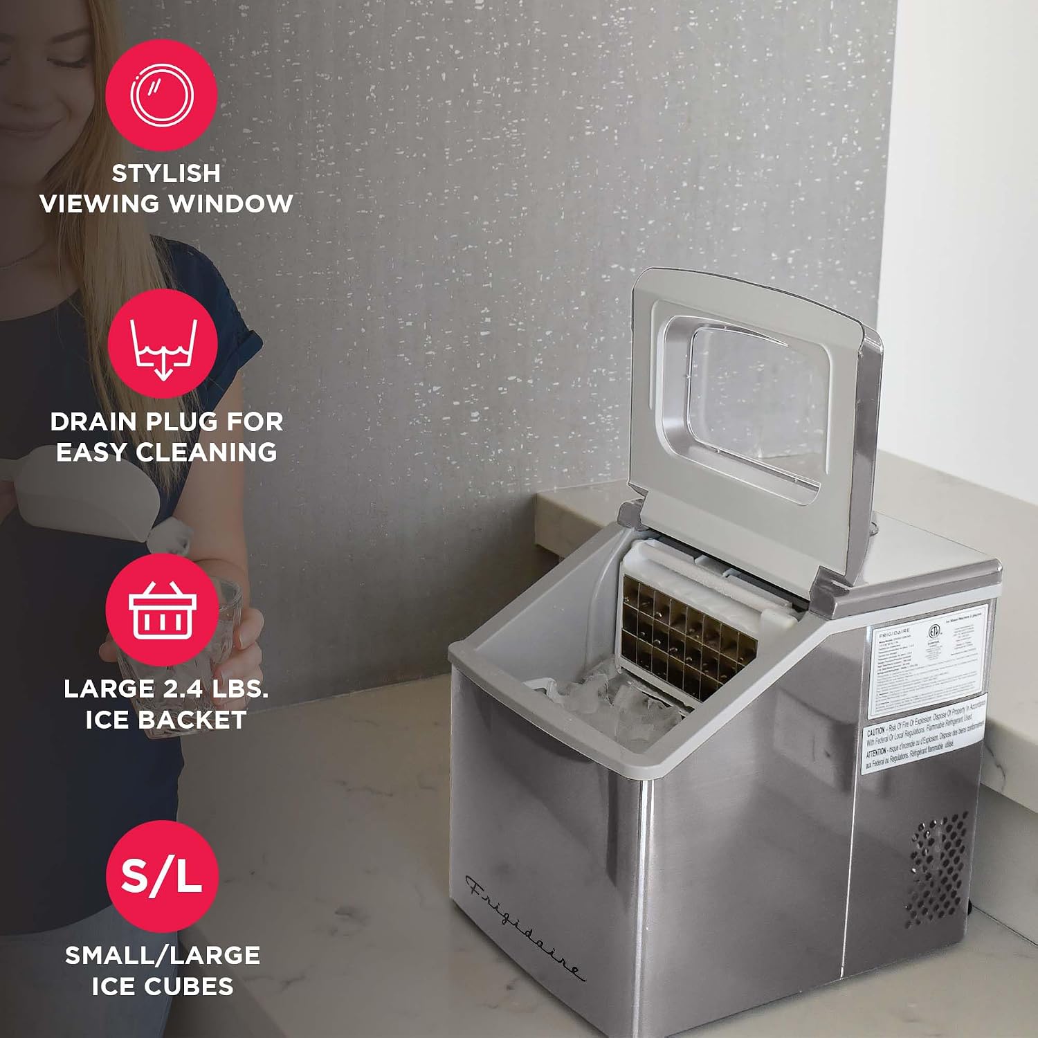FRIGIDAIRE EFIC452-SS 40 Lbs Extra Large Clear Maker, Stainless Steel, Makes Square Ice