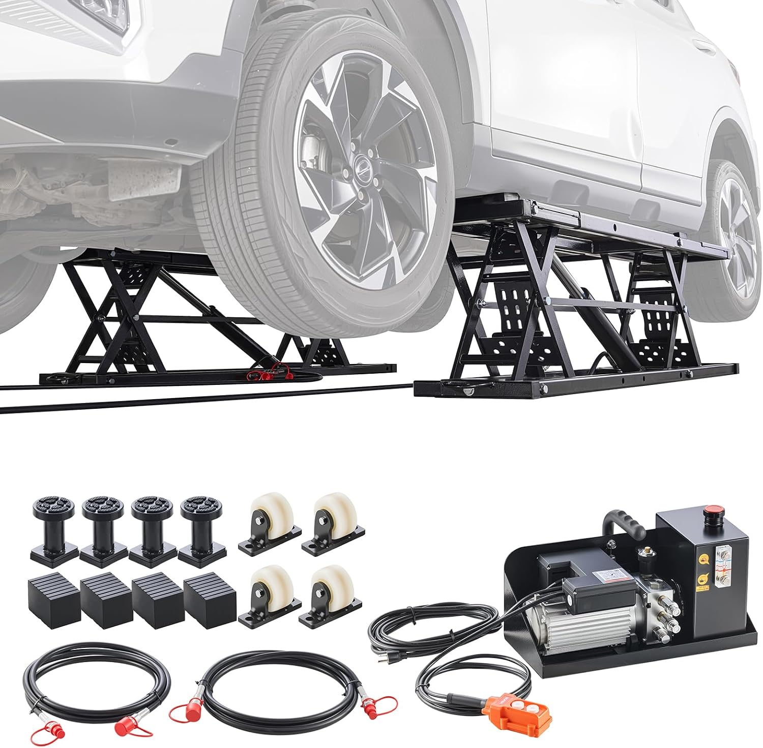 VEVOR Portable Car Lift, 9000 lbs Capacity, Heavy Duty Steel Truck Lift with 28' Max Height, 120V Power Unit, Wheels, 4 Rubber Pads & 4 Lifting Columns for Cars, SUVs, Trucks, Home Garage or Shop Use