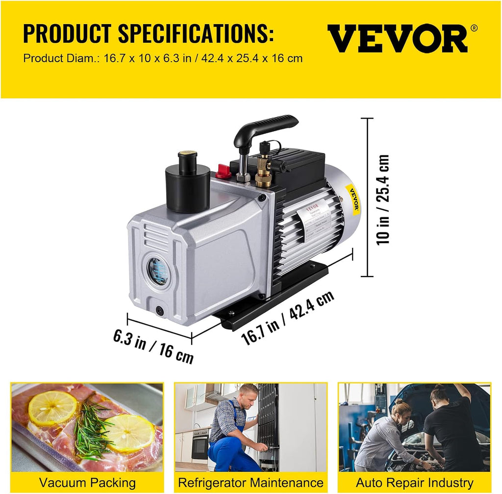 VEVOR Vacuum Pump 12CFM 1 HP Single Stage Air Conditioning Vacuum Pump 110V 5PA Ultimate Vacuum Refrigerant HVAC Air Tool Rotary Vane Vacuum Pump for Automobile Vacuum Evacuation