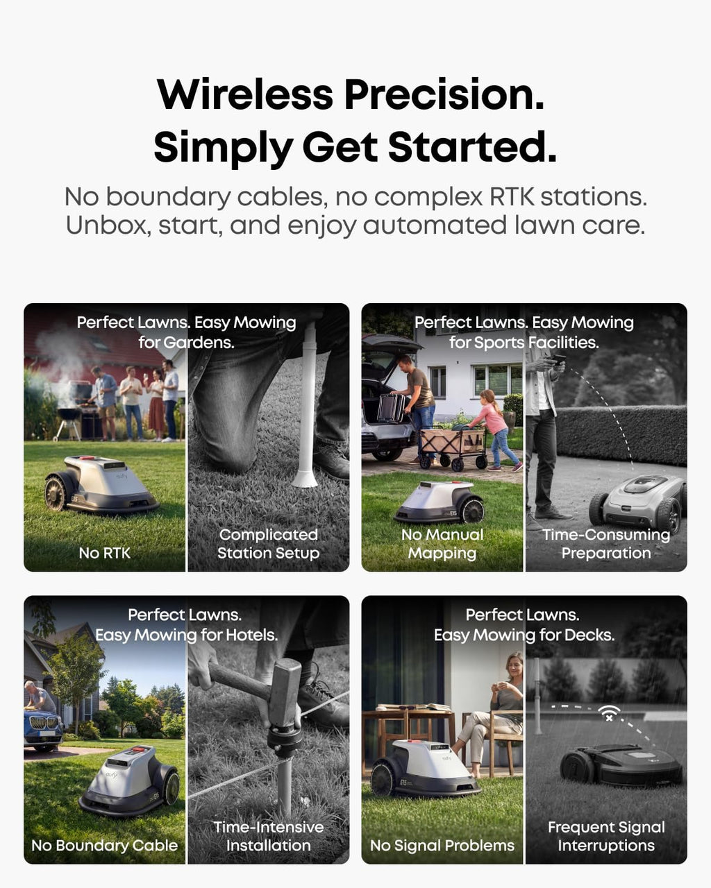 eufy Robot Lawn Mower E15, Auto Mapping,Pure Vision Navigation, Wire Free RTK Free, Multi-Zone Management, AI 3D Obstacle Avoidance, GPS Anti-Theft, 0.2 Acres, 18° Slope, App Control