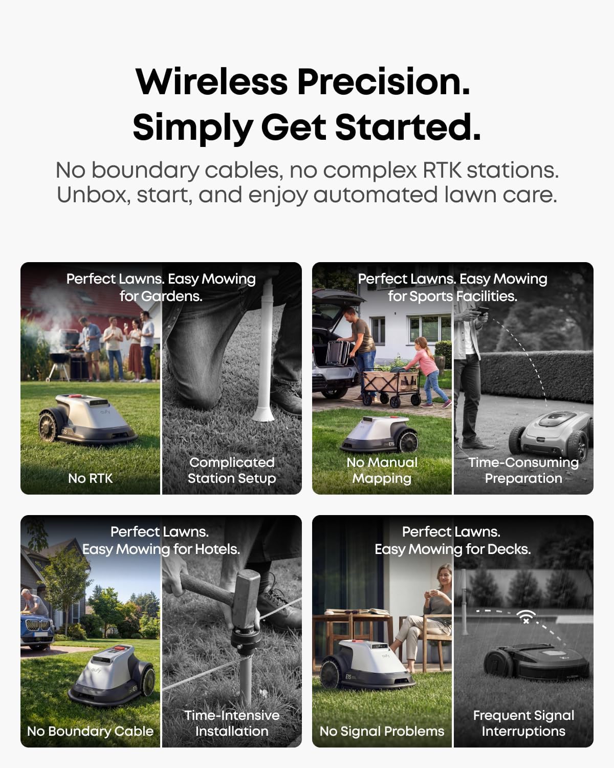 eufy Robot Lawn Mower E15, Auto Mapping,Pure Vision Navigation, Wire Free RTK Free, Multi-Zone Management, AI 3D Obstacle Avoidance, GPS Anti-Theft, 0.2 Acres, 18° Slope, App Control