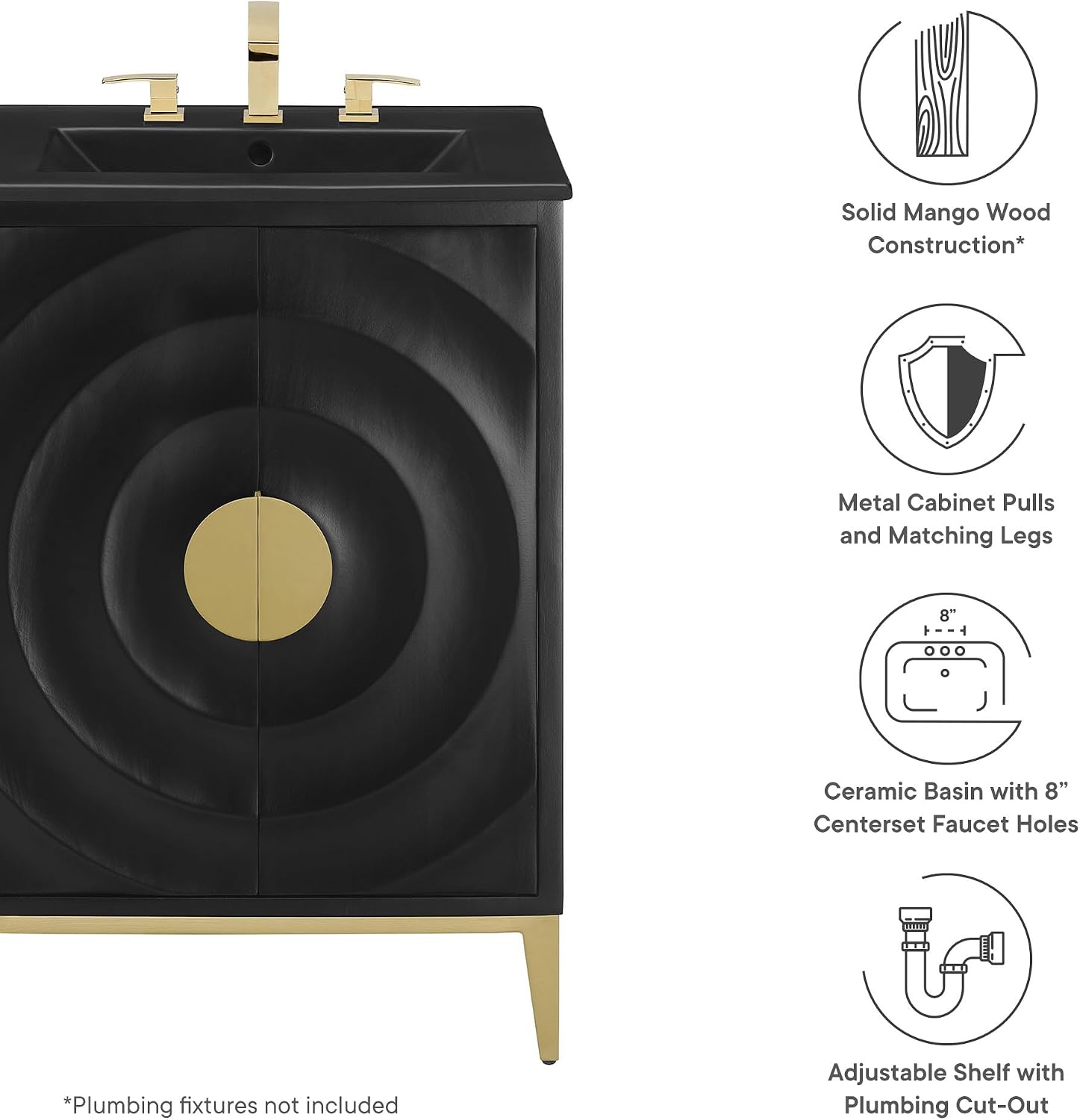 Modway Beau 24 Inch Wood Bathroom Vanity Cabinet in Black Black