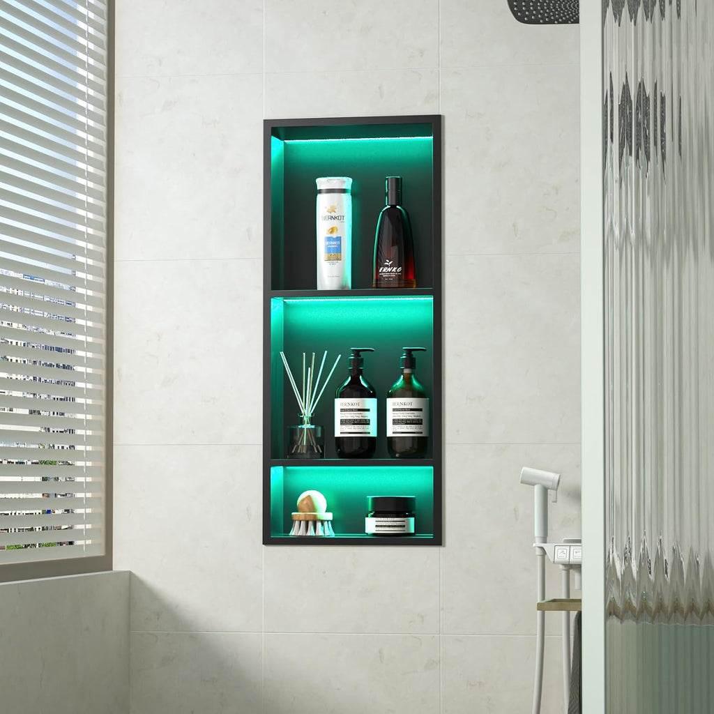 Led Shower Niche with RGB Light 30' X 12' Matte Black 304 Stainless Steel Shower Niche with 3-Tiers Shelves Waterproof No Tile Needed Recessed Niches Shower for Bathroom Storage