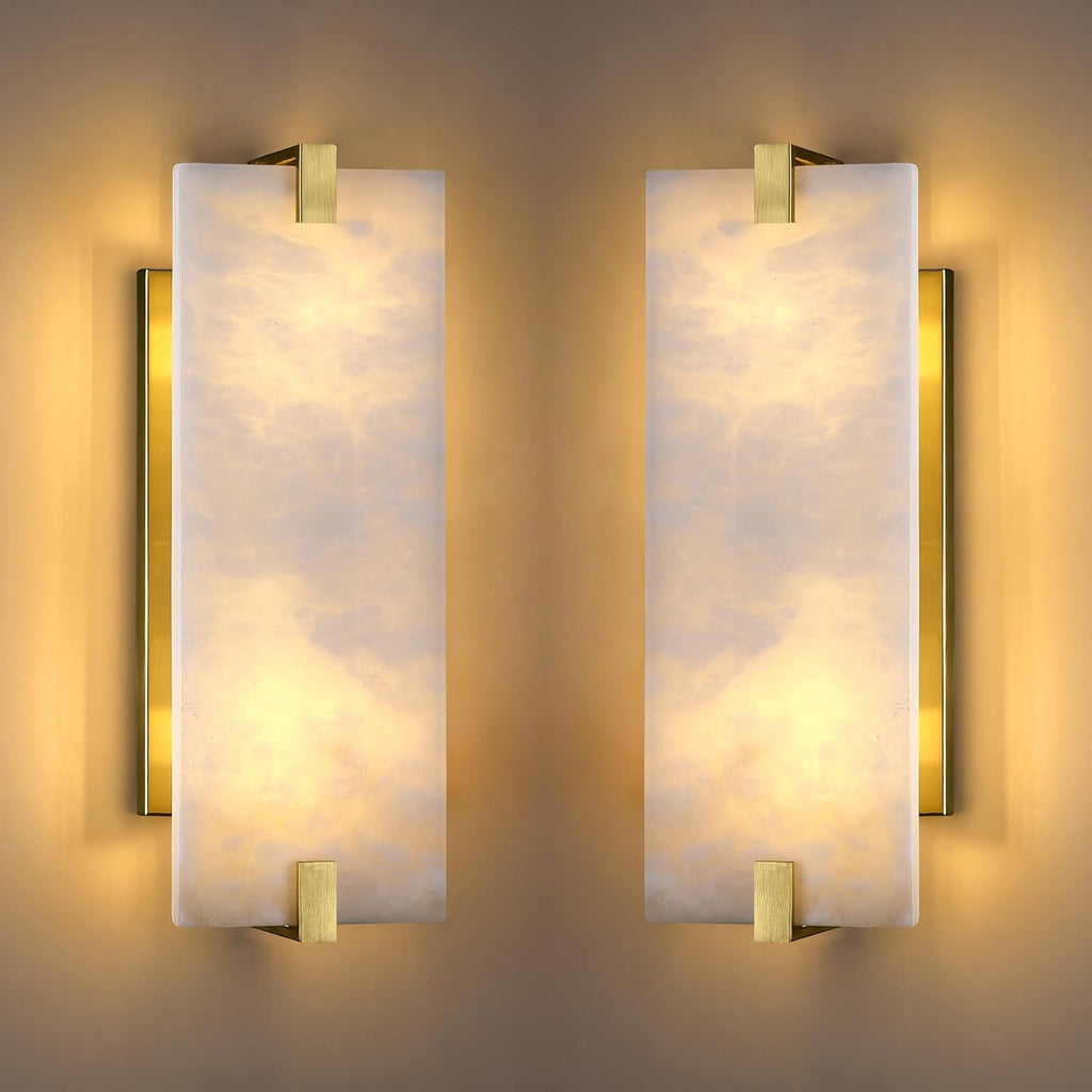 2 Pack 2 Light Square 14.7' Alabaster Marble Bathroom Wall Sconce Modern Concise Style Wall Light Fixture,Gold Finish for Bedroom Hallway Bedside