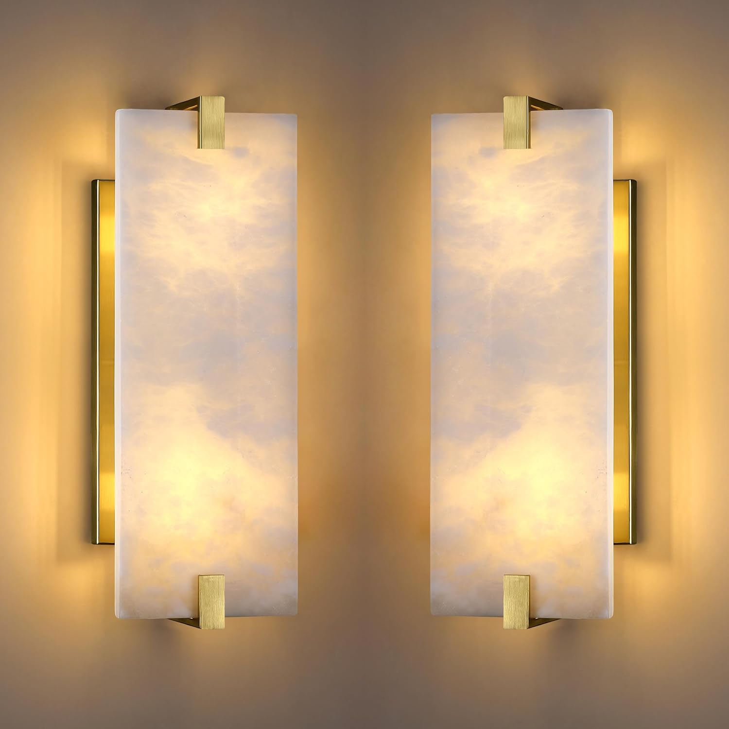 2 Pack 2 Light Square 14.7' Alabaster Marble Bathroom Wall Sconce Modern Concise Style Wall Light Fixture,Gold Finish for Bedroom Hallway Bedside