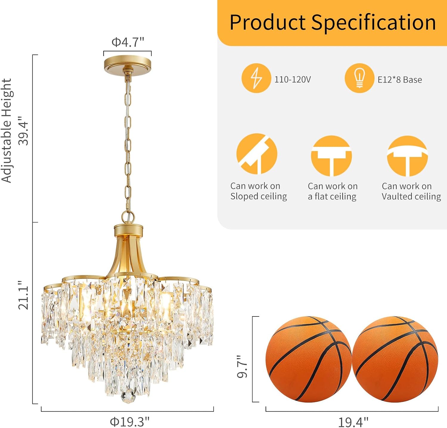 WUZUPS Crystal Chandelier Pendant Ceiling Light Modern Lighting Fixture for Bedroom Hallway Entry Kitchen Bathroom, H 21.1' x W 19.3', E12 Base, Gold