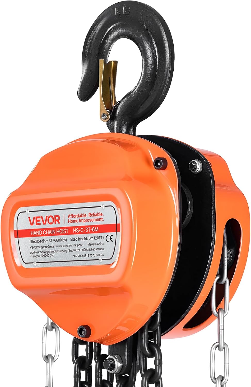 VEVOR Hand Chain Hoist, 3 Ton 6600 lbs Capacity, Manual Chain Block with Upgrade G80 Galvanized Chain, 20 ft Lifting Height, Heavy Duty Pulley Hoist for Garage Warehouse Automotive Machinery, Orange