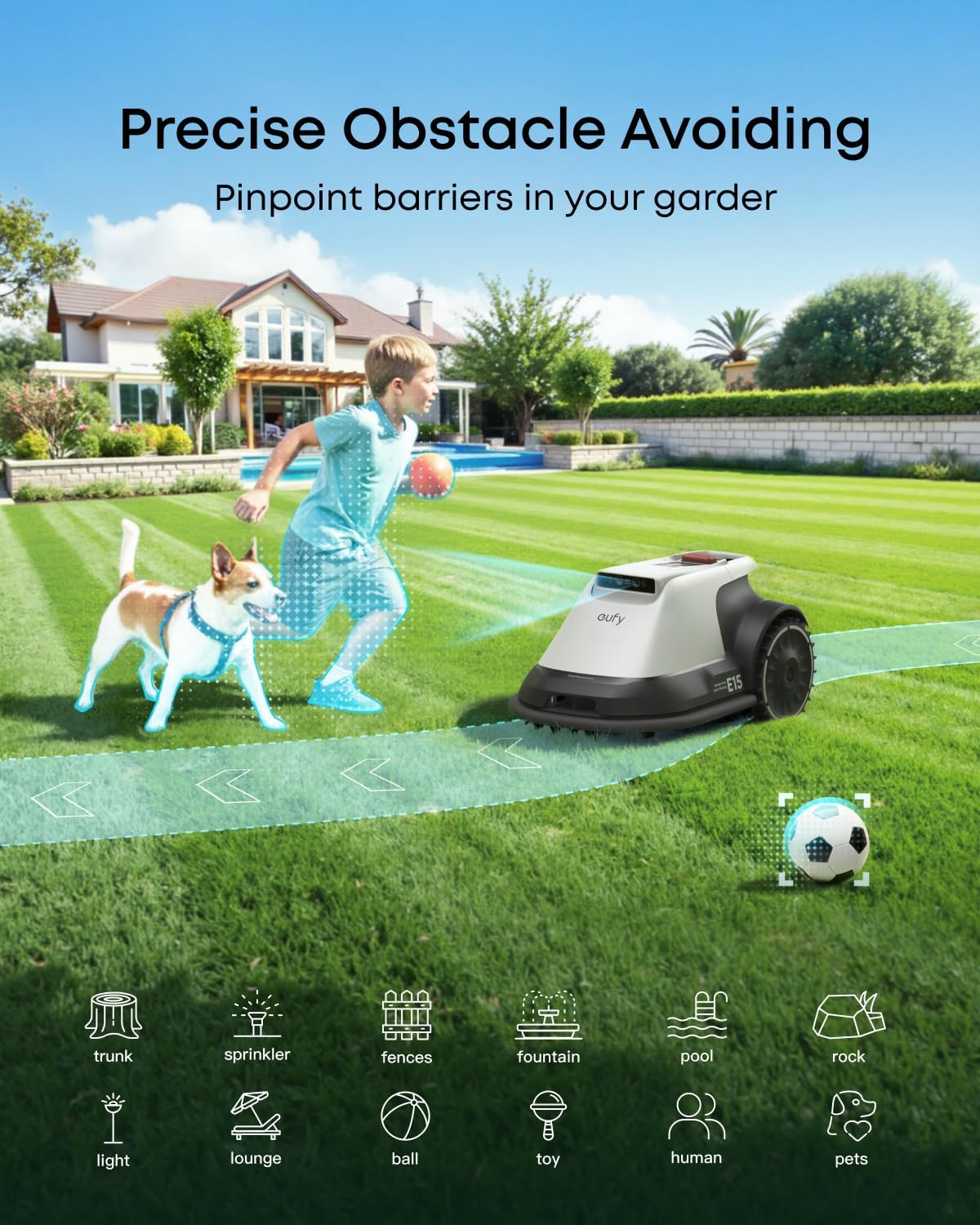 eufy Robot Lawn Mower E15, Auto Mapping,Pure Vision Navigation, Wire Free RTK Free, Multi-Zone Management, AI 3D Obstacle Avoidance, GPS Anti-Theft, 0.2 Acres, 18° Slope, App Control