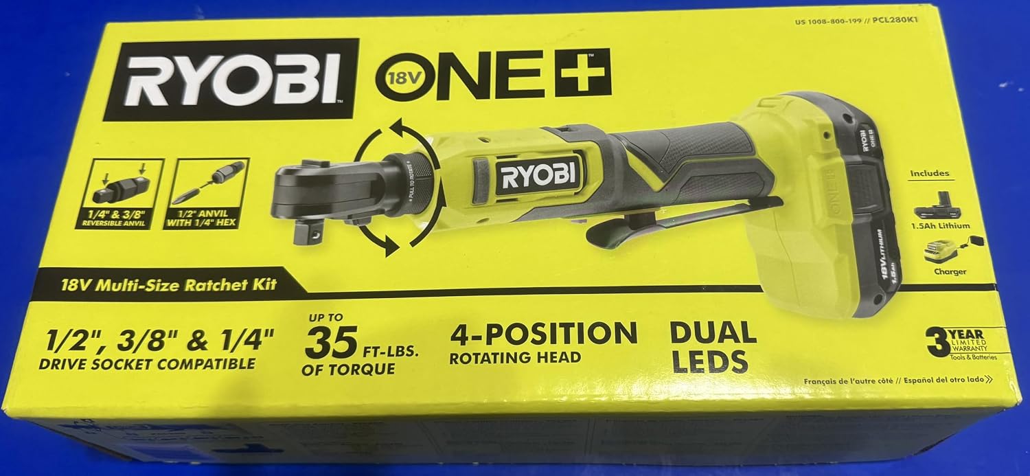 Ryobi 18V Cordless Ratchet Multi-Size 3/8 in. and 1/4 in. Kit with 1.5 Ah Battery and Charger (PCL280K1)