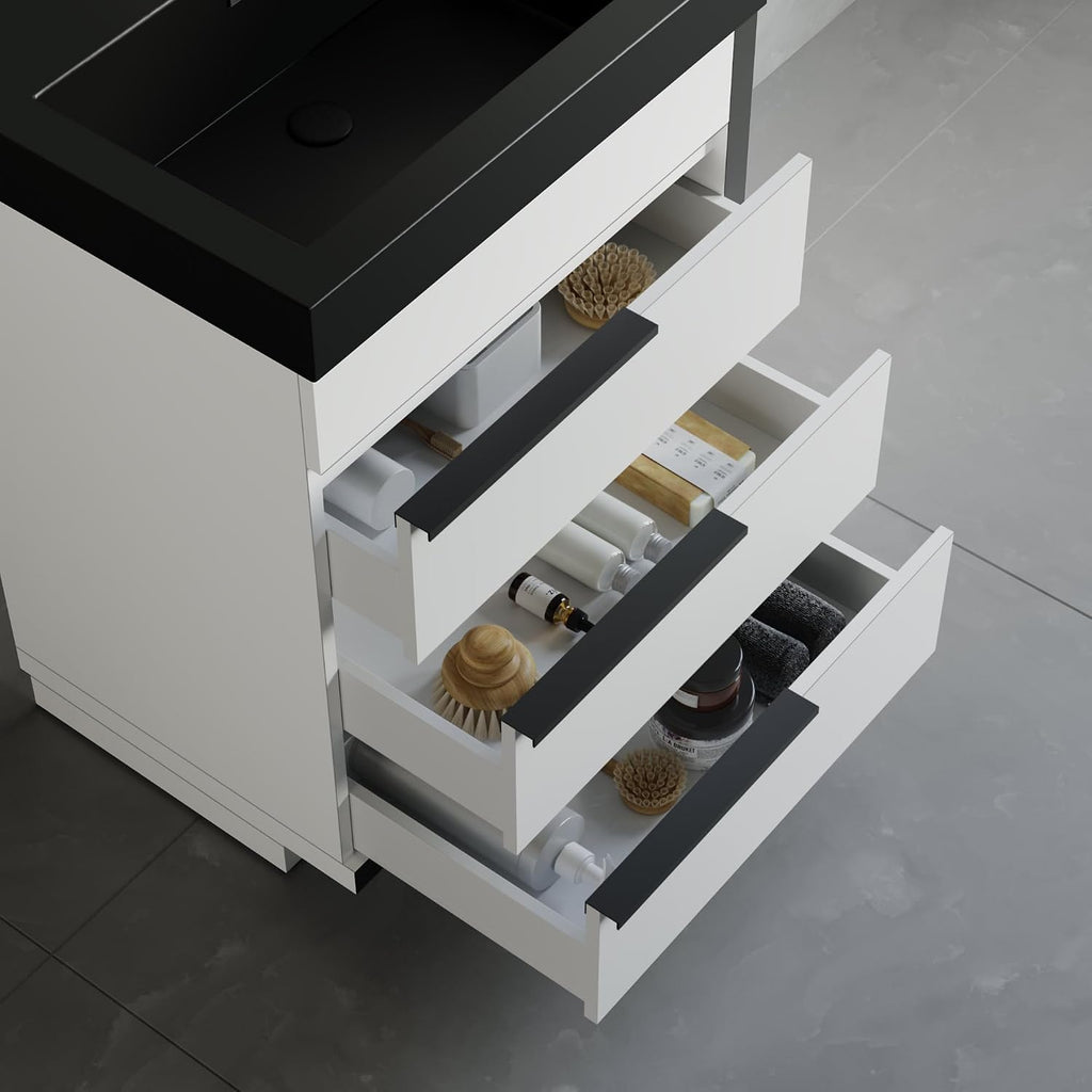 Dowell 24'Single Bathroom Vanity Set- Freestanding Glossy White Vanity with Black Accents,Matte Black Resin Basin,Three Soft-Close Drawers-024 24 21V/2418BPBL
