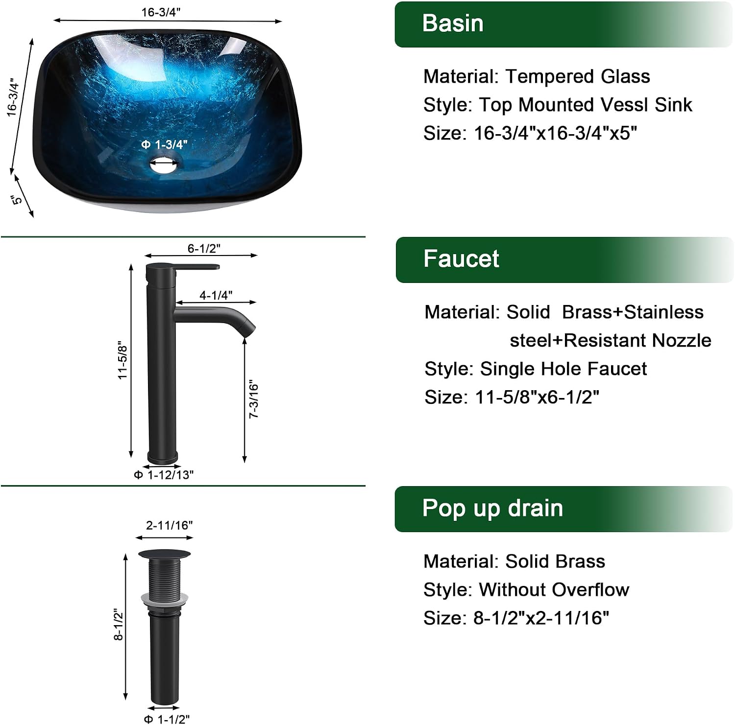 Sarlai Bathroom Vessel Sink Tempered Glass Bowl Square Vessel Sink with Faucet and Pop-up Drain Combo 16-3/4 x 16-3/4 Inch Matte Black Countertop Bathroom Sink Basin