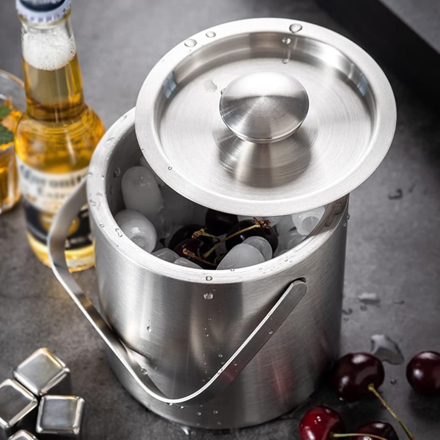 ice Bucket,Bucket with lid, Ice Buckets for Parties Metal Double Wall with Lid, 1.3L Stainless Steel Insulated for Cocktail Bar, Wine, Home Bar Accessories, Parties, Champagne Bucket Stainl