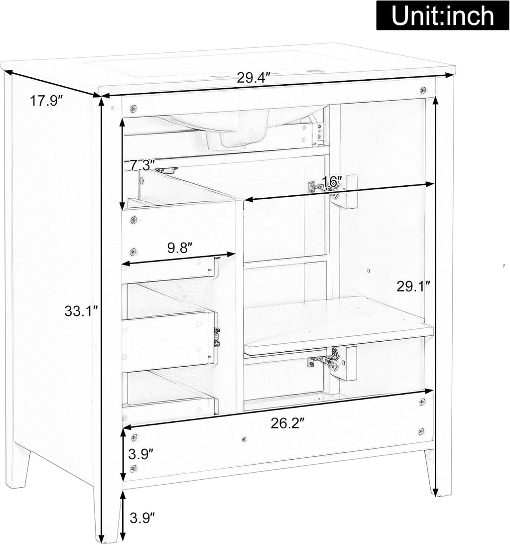 30-inch Bathroom Vanity with Sink Combo, Free-Standing Single Storage Cabinet with Tilt-Out Drawer, 3 Drawers, Adjustable Shelf & Storage Rack, Vanity with Ceramic Basin for Bathroom (Black)