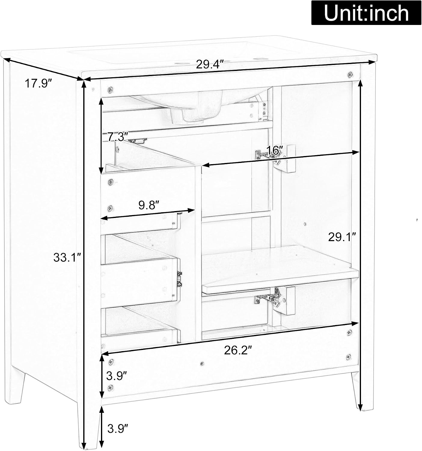30-inch Bathroom Vanity with Sink Combo, Free-Standing Single Storage Cabinet with Tilt-Out Drawer, 3 Drawers, Adjustable Shelf & Storage Rack, Vanity with Ceramic Basin for Bathroom (Black)