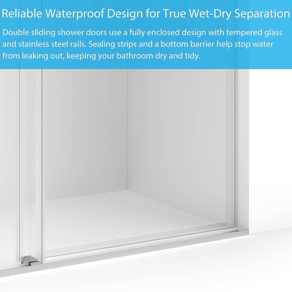 Frameless Double Sliding Shower Door 56–60 × 74 Inch – Bypass Glass Shower Door with 6mm Tempered Glass, Square Stainless Steel Rail, Brushed Sliver