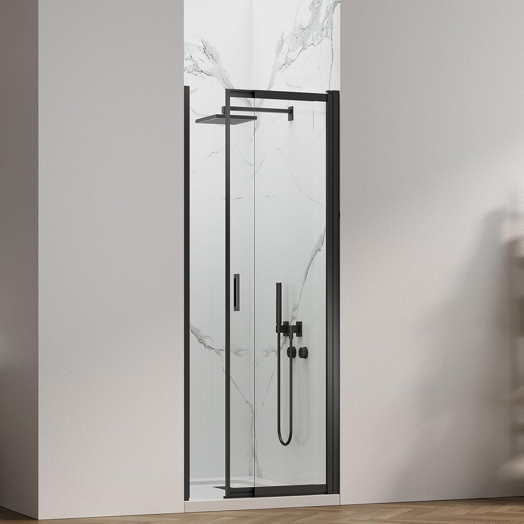 27-30' W x 72' H Pivot Swing Glass Shower Doors, 180° Rotating Retractable Bathroom Shower Door, Frameless Sliding Extended Bypass Shower Door with 3/16'(5mm) Clear SGCC Tempered Glass Matte Black