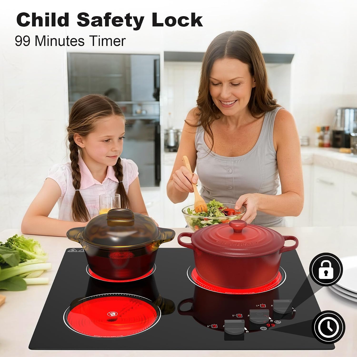 GIHETKUT Electric Cooktop, 220V 5000W Stove Top, 9 Power Levels, Kids Lock & Timer, Hot Surface Indicator, Overheat Protection,knob and touch control 3 Burner Electric cooktop