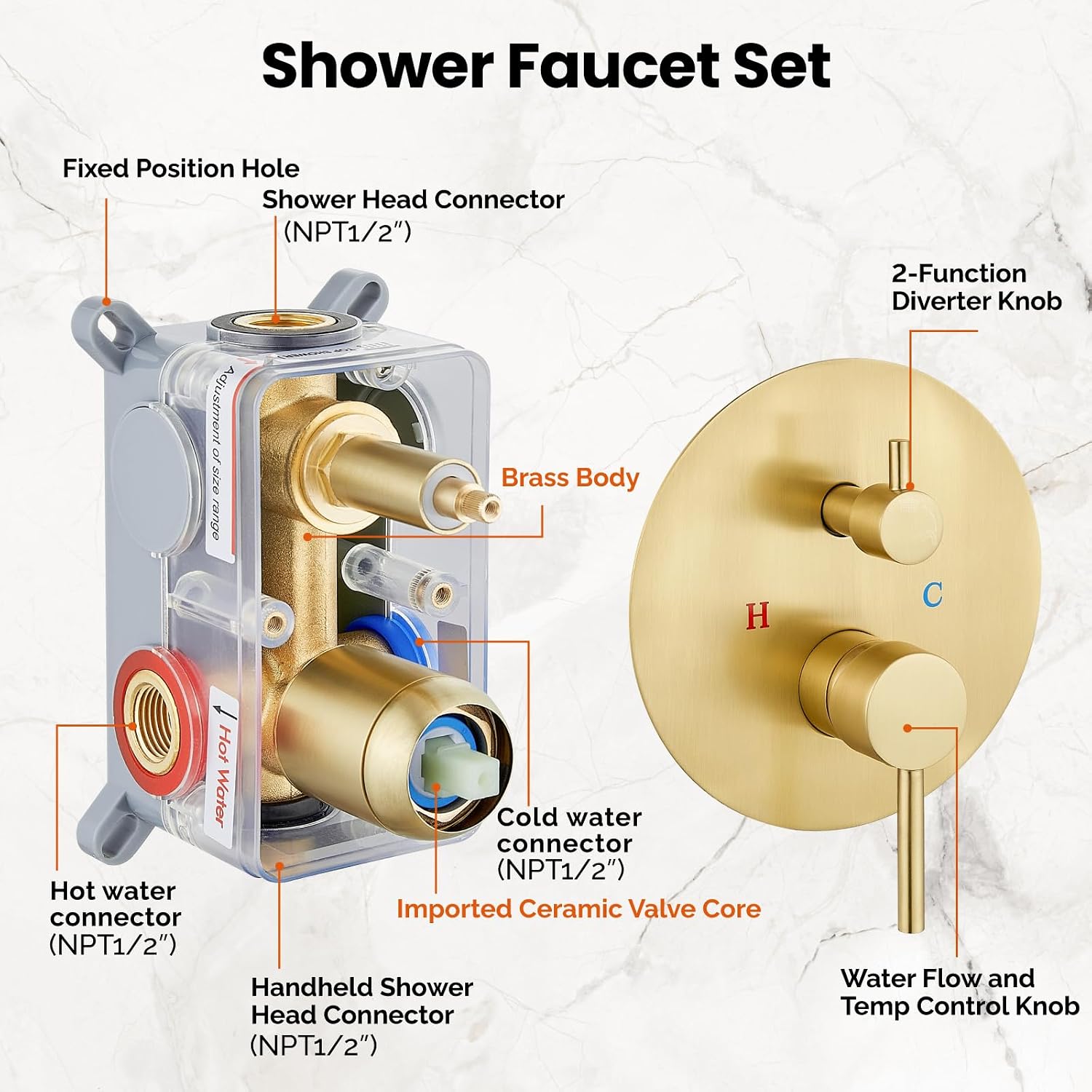 Airuida Shower Faucet Set, Bathtub Faucet Set with 12 Inch Rain Shower Head and Valve,2 Functions Tub Shower Faucet Set for Bathroom-Brushed Gold