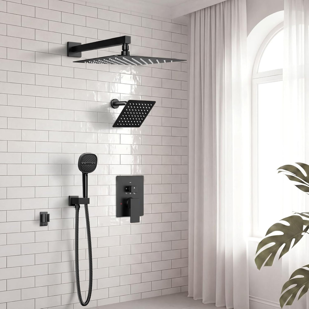 Matte Black Shower System Shower Faucet Sets, Dual Head Shower Set STARBATH 12'' Ceiling Mount and 6''Wall Mount Rainfall Shower Systems with Multifunctional Filtered Handheld Sprayer for Two Person