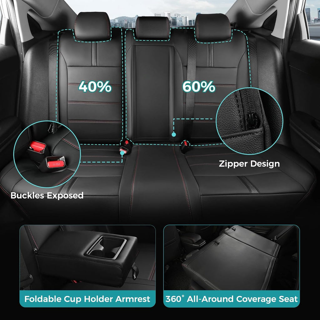 Seat Covers for Honda Civic Sedan EX-L, EX-T, EX, Touring, Sport 2016-2021, Faux Leather Car Seats Cover Full Set Waterproof Black Red Line (60/40 Split Seatback-with Rear Armrest)