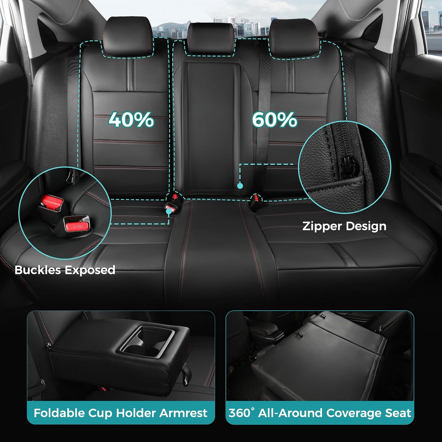 Seat Covers for Honda Civic Sedan EX-L, EX-T, EX, Touring, Sport 2016-2021, Faux Leather Car Seats Cover Full Set Waterproof Black Red Line (60/40 Split Seatback-with Rear Armrest)