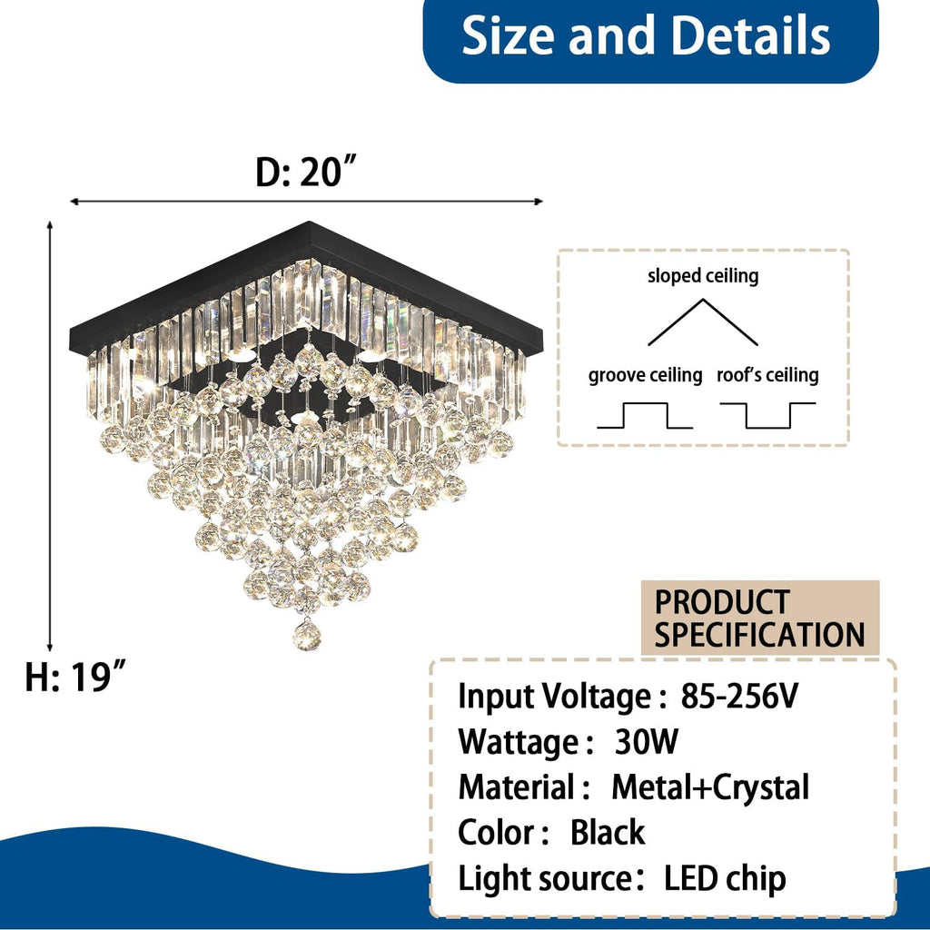 Luxury 20' Square K9 Crystal Flush Mount Chandelier, Modern Black 6-Light LED Ceiling Light, Dimmable Chandeliers Fixture for Dining Room, Living Room, Bedroom, Entryway