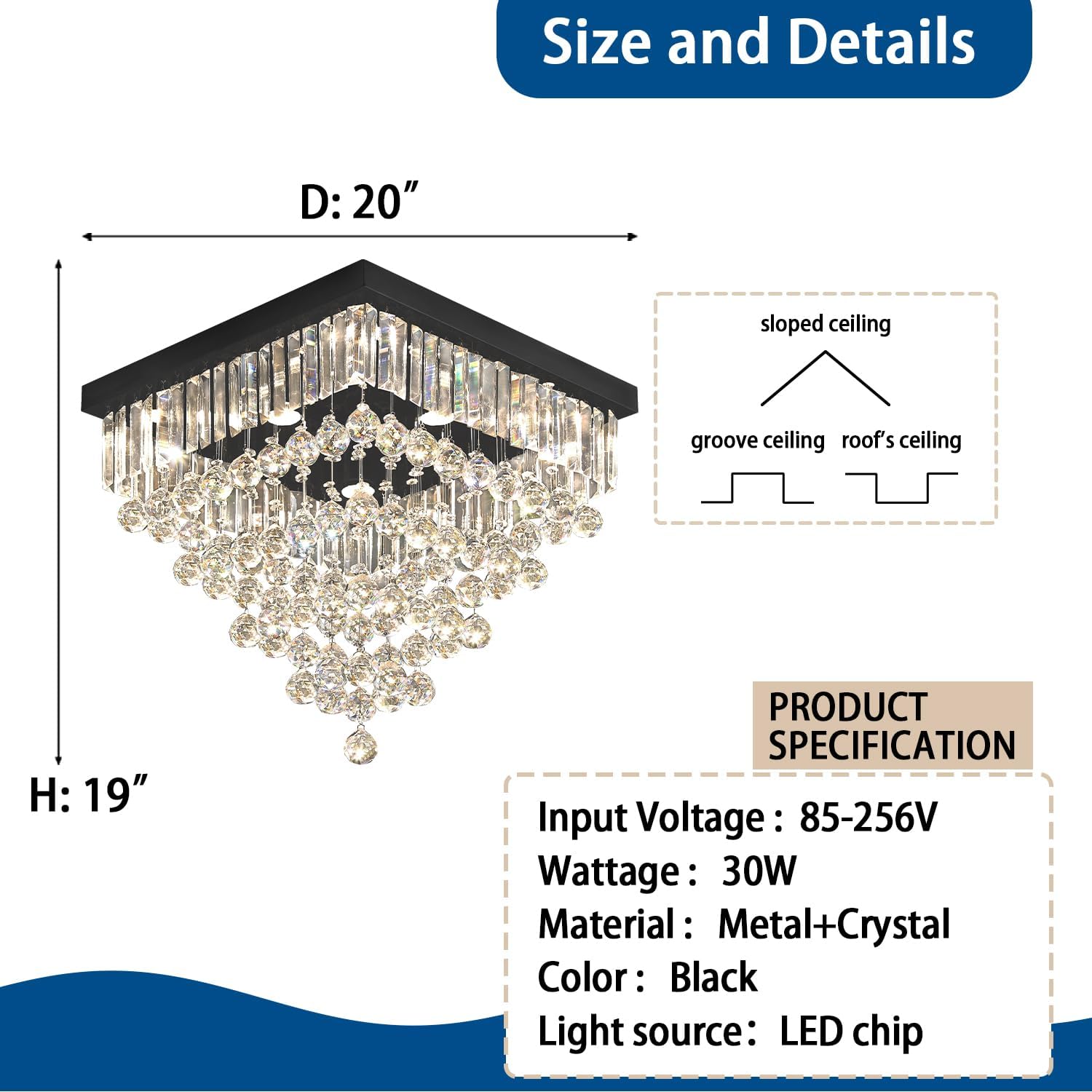 Luxury 20' Square K9 Crystal Flush Mount Chandelier, Modern Black 6-Light LED Ceiling Light, Dimmable Chandeliers Fixture for Dining Room, Living Room, Bedroom, Entryway