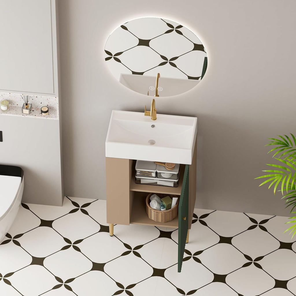 Merax 20 Inch Bathroom Vanity with Sink, Narrow Depth Bathroom Vanities,Wood Vanity Cabinet,Soft Closing Door,Freestanding Sink Cabinet W/Open Side Shelves, Dark Green