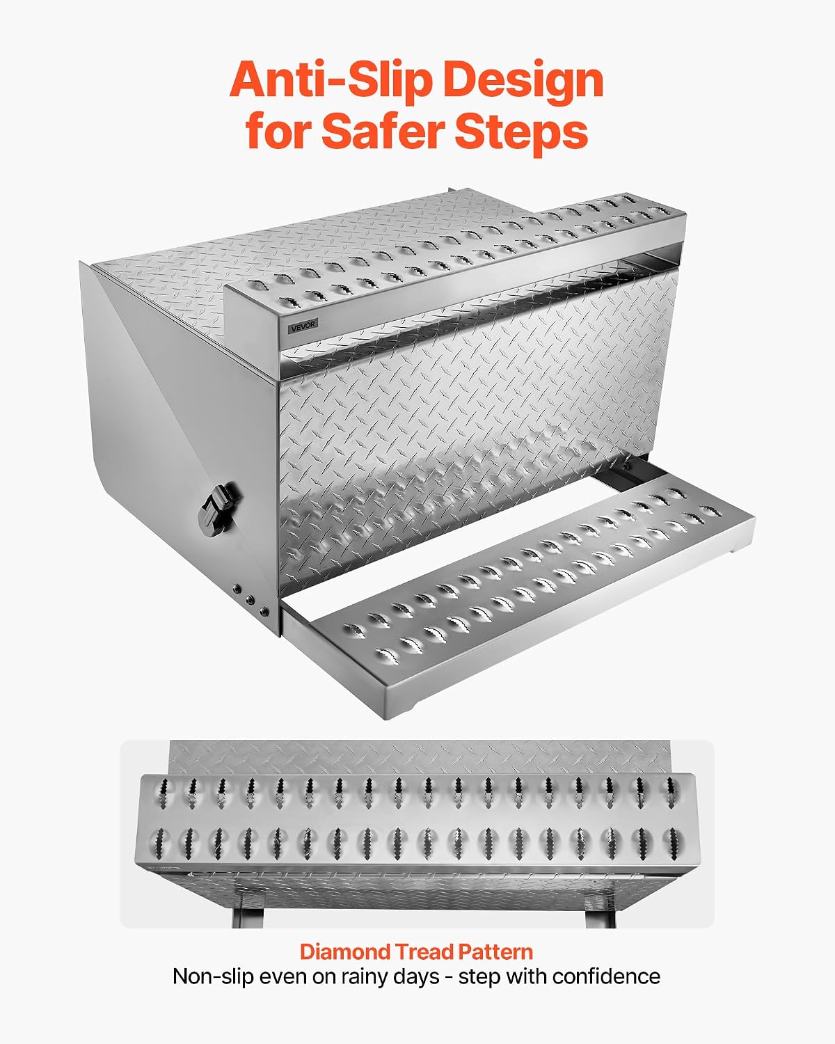 VEVOR Semi-Truck Step Tool Box, 31' x 30' x 19' Heavy Duty Aluminum Diamond Plate Toolbox, Waterproof Cab Entry Step Storage Box with Shock-Absorbing Latch for Flatbed, Crane, and Semi Trucks