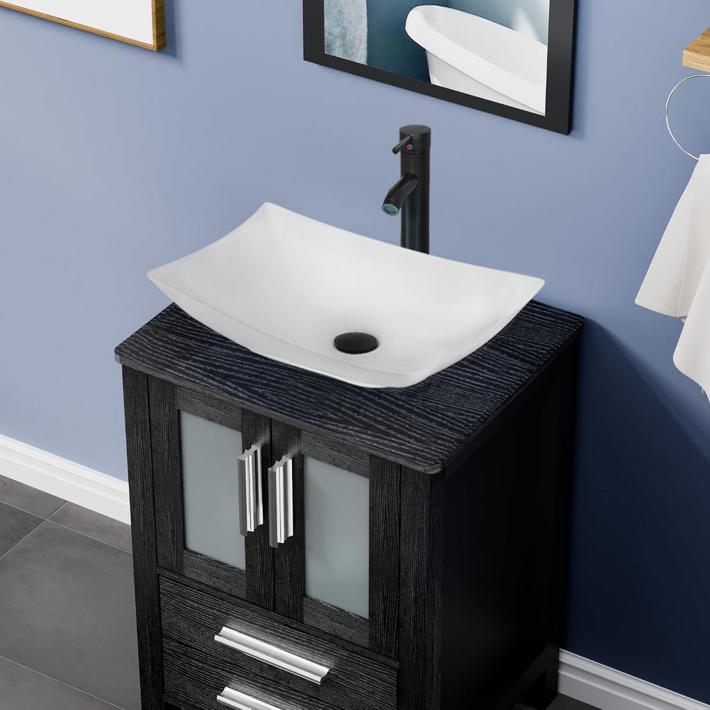 UEV 24' Black Bathroom Vanity with Vessel Sink,Modern Bathroom Vanity Cabinet,Modern Artistic Ceramic Vessel Sink Combo,Faucet Sink Bowl,Pop Up Drain Included,Mirror Not Included(032WHNew)