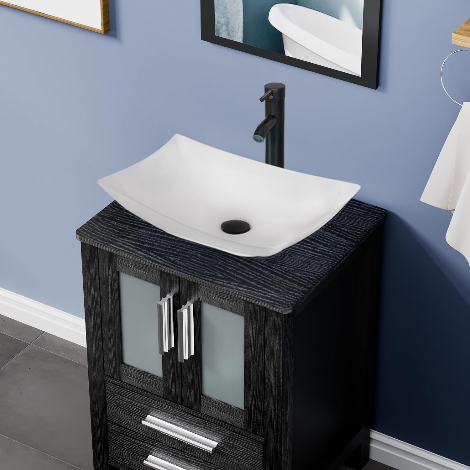 UEV 24' Black Bathroom Vanity with Vessel Sink,Modern Bathroom Vanity Cabinet,Modern Artistic Ceramic Vessel Sink Combo,Faucet Sink Bowl,Pop Up Drain Included,Mirror Not Included(032WHNew)