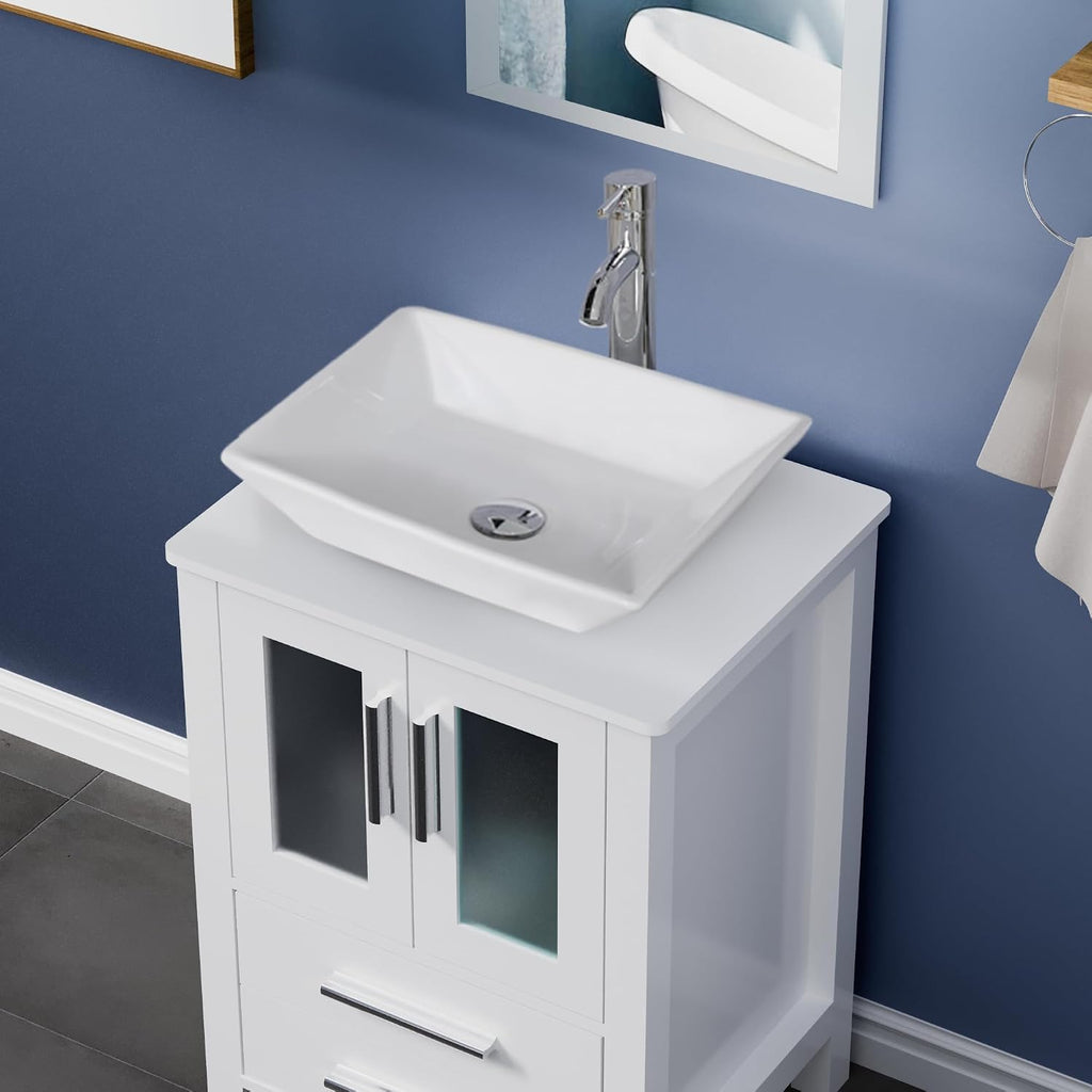 UEV 24' White Bathroom Vanity with Ceramic Vessel Sink, Modern Bathroom Vanity Cabinet, Pop Up Drain and 30% Water-Saving Design, Faucet, Soft Closing Drawers/Doors, Mirror Not Included(A07)